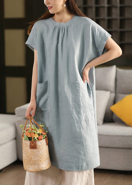 Blue Summe Loose Dresses O-Neck Pockets Linen FashionChic
