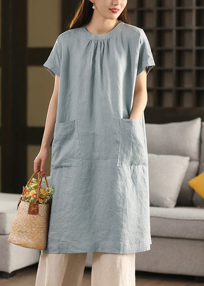 Blue Summe Loose Dresses O-Neck Pockets Linen FashionChic