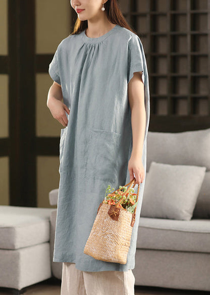 Blue Summe Loose Dresses O-Neck Pockets Linen FashionChic