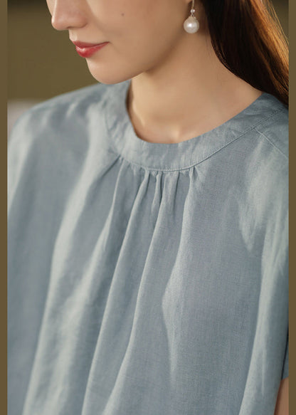 Blue Summe Loose Dresses O-Neck Pockets Linen FashionChic