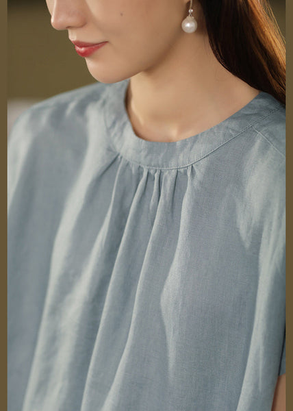 Blue Summe Loose Dresses O-Neck Pockets Linen FashionChic