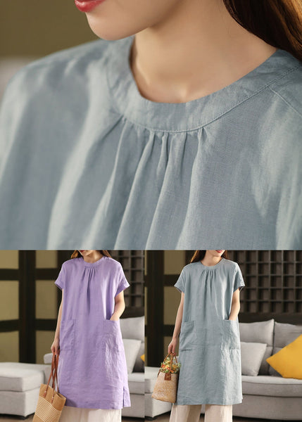 Blue Summe Loose Dresses O-Neck Pockets Linen FashionChic