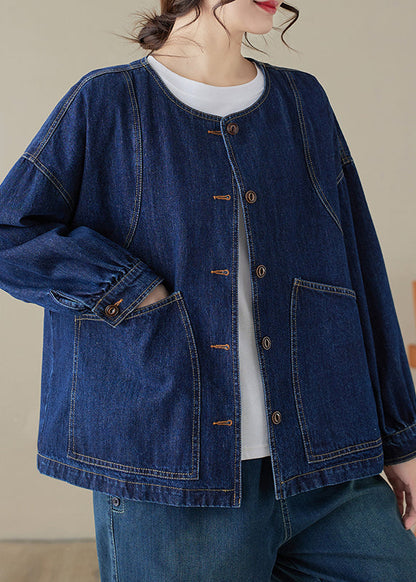 Loose Blue O-Neck Pockets Patchwork Denim Coats Long Sleeve UU047 OM-MM240820