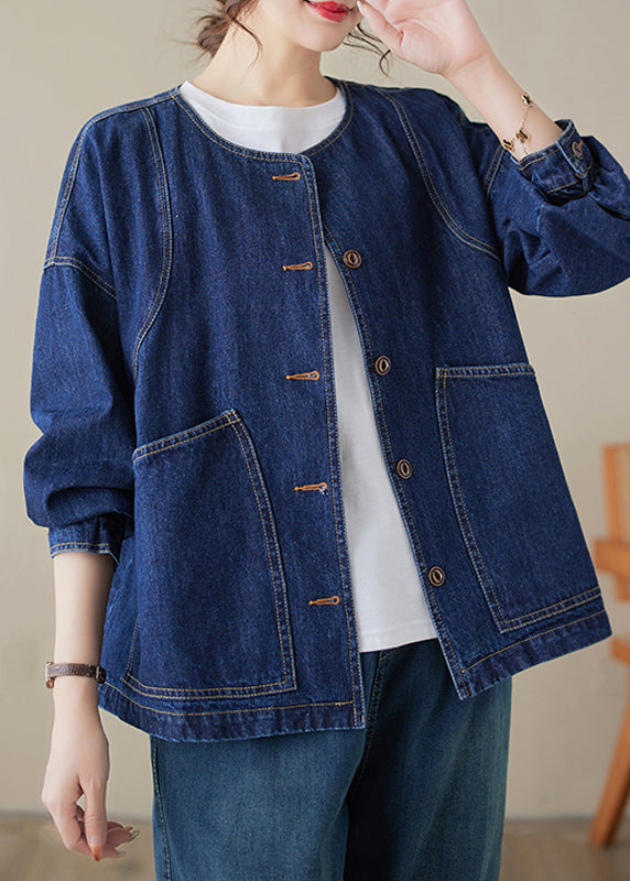 Loose Blue O-Neck Pockets Patchwork Denim Coats Long Sleeve UU047 OM-MM240820