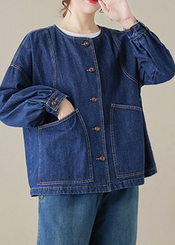 Loose Blue O-Neck Pockets Patchwork Denim Coats Long Sleeve UU047 OM-MM240820