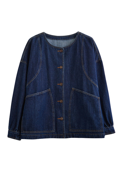 Loose Blue O-Neck Pockets Patchwork Denim Coats Long Sleeve UU047 OM-MM240820