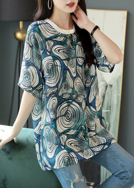Loose Blue O Neck Print Cotton T Shirt Half Sleeve OP1064 Ada Fashion