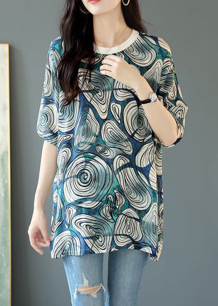 Loose Blue O Neck Print Cotton T Shirt Half Sleeve OP1064 Ada Fashion