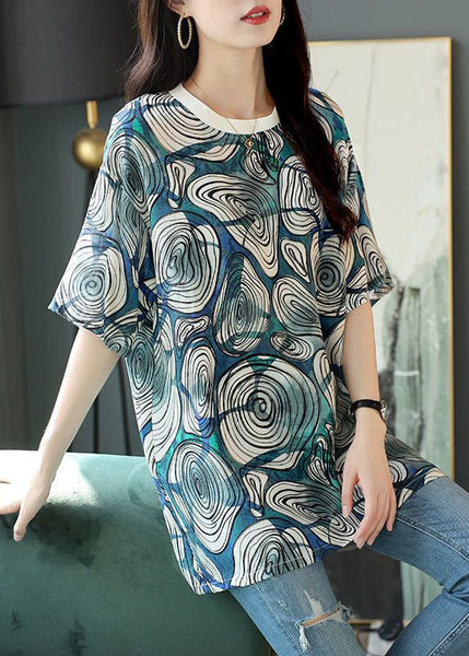 Loose Blue O Neck Print Cotton T Shirt Half Sleeve OP1064 Ada Fashion
