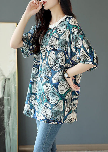 Loose Blue O Neck Print Cotton T Shirt Half Sleeve OP1064 Ada Fashion