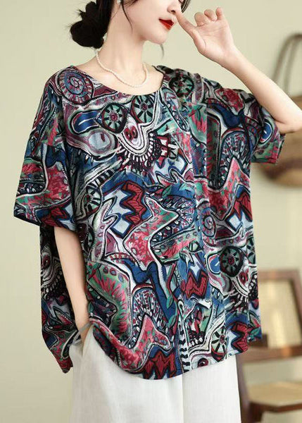 O-Neck Summer Shirt Blue Top Print Loose FashionChic