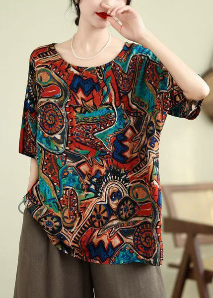 O-Neck Summer Shirt Blue Top Print Loose FashionChic