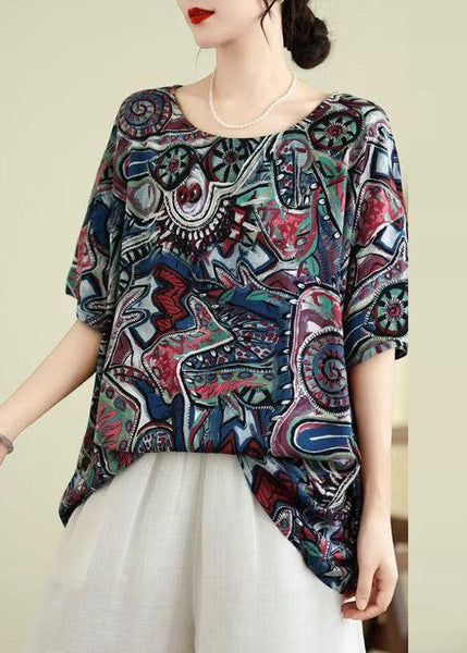 O-Neck Summer Shirt Blue Top Print Loose FashionChic