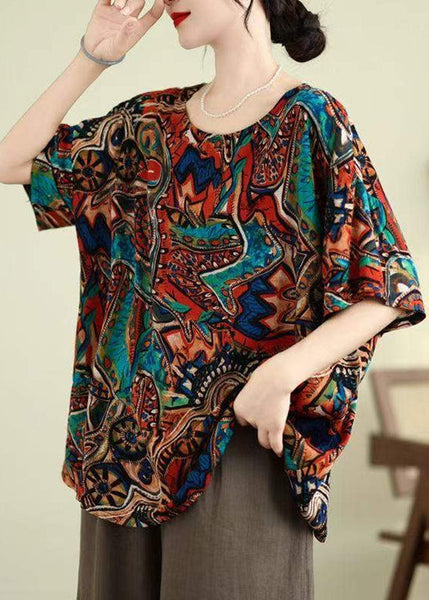 O-Neck Summer Shirt Blue Top Print Loose FashionChic