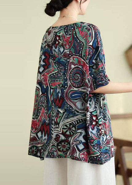 O-Neck Summer Shirt Blue Top Print Loose FashionChic