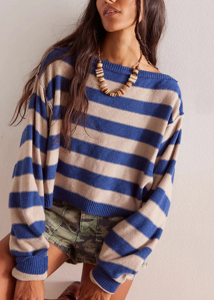 Loose Blue O Neck Striped Short Knit Pullover Fall QY032 BB-ZS-WM-NTP241002