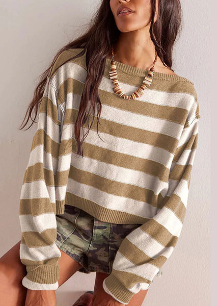 Loose Blue O Neck Striped Short Knit Pullover Fall QY032 BB-ZS-WM-NTP241002