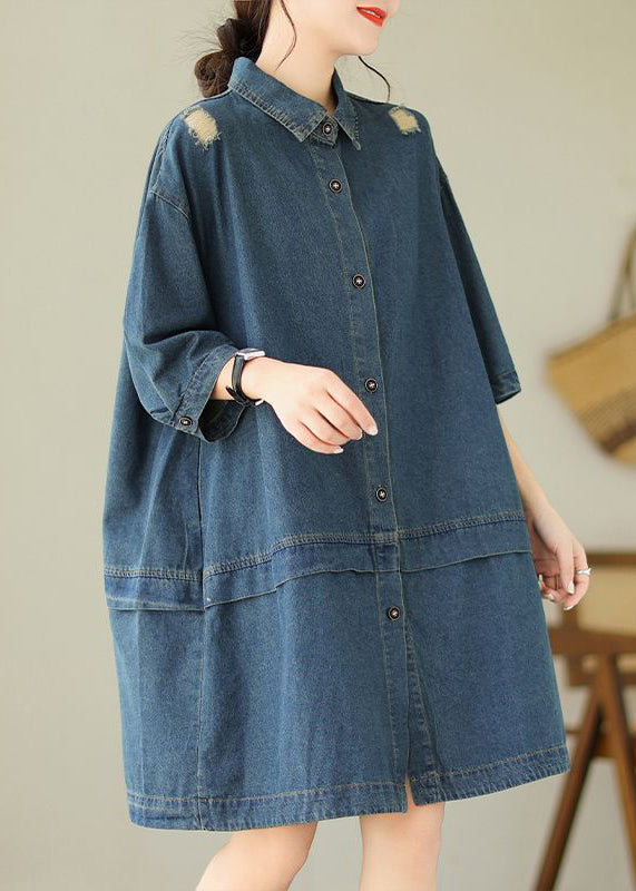 Loose Blue Peter Pan Collar Button Denim Mid Dress Half Sleeve AU1050 MZF-240903