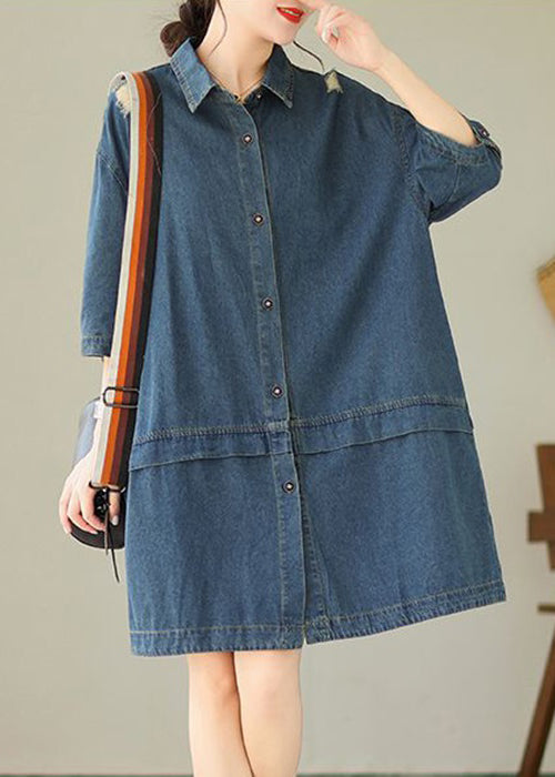 Loose Blue Peter Pan Collar Button Denim Mid Dress Half Sleeve AU1050 MZF-240903