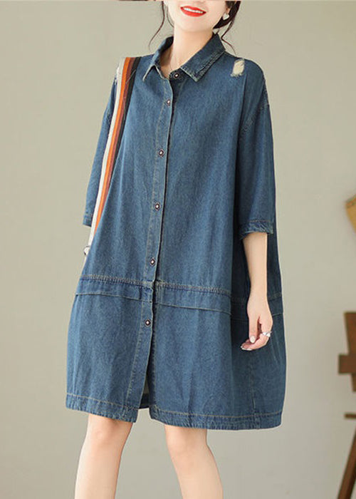 Loose Blue Peter Pan Collar Button Denim Mid Dress Half Sleeve AU1050 MZF-240903