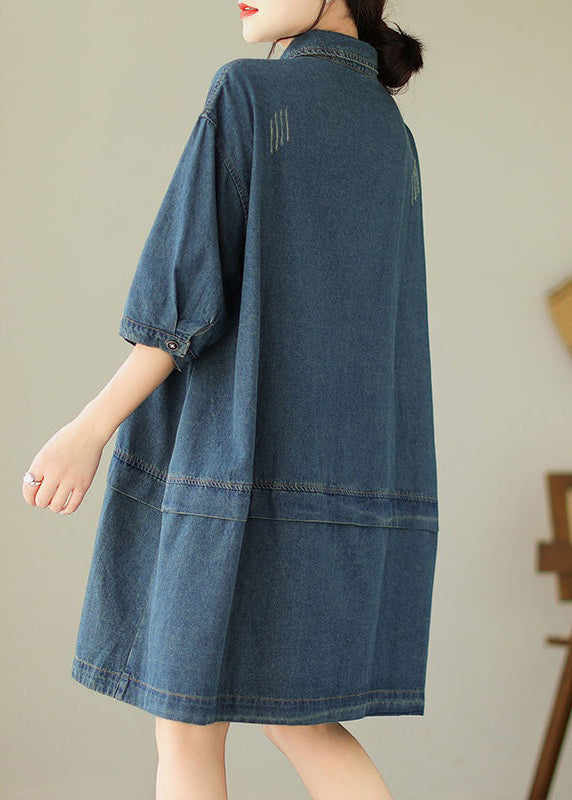 Loose Blue Peter Pan Collar Button Denim Mid Dress Half Sleeve AU1050 MZF-240903