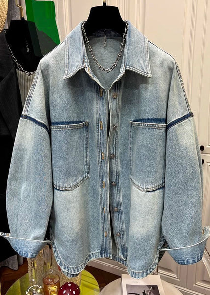 Denim Pan Pockets Coats Peter Loose Mens Collar Blue Button FashionChic