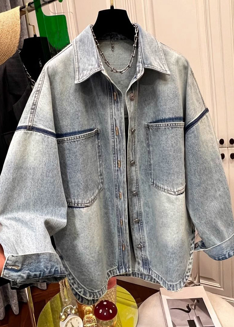 Denim Pan Pockets Coats Peter Loose Mens Collar Blue Button FashionChic