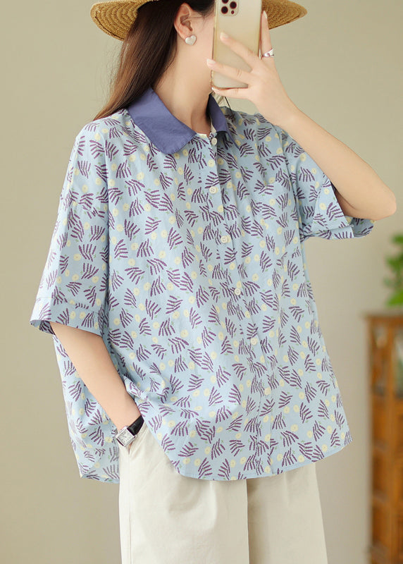 Loose Blue Peter Pan Collar Button Print Cotton Blouses Summer GH1025 Ada Fashion