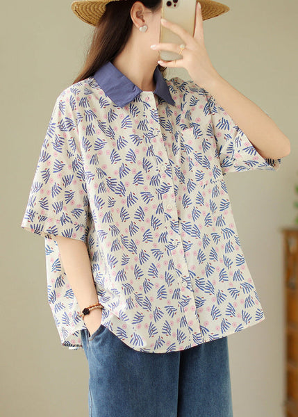 Loose Blue Peter Pan Collar Button Print Cotton Blouses Summer GH1025 Ada Fashion
