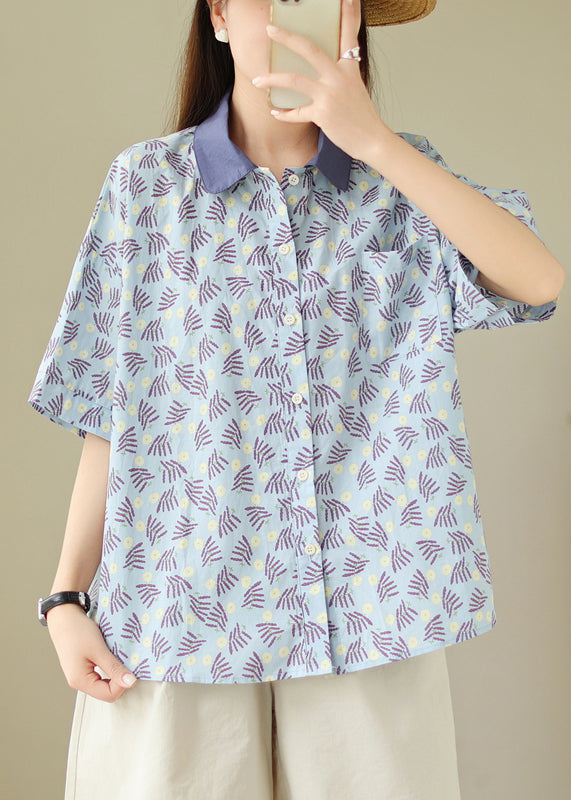 Loose Blue Peter Pan Collar Button Print Cotton Blouses Summer GH1025 Ada Fashion