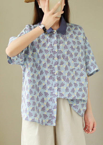 Loose Blue Peter Pan Collar Button Print Cotton Blouses Summer GH1025 Ada Fashion