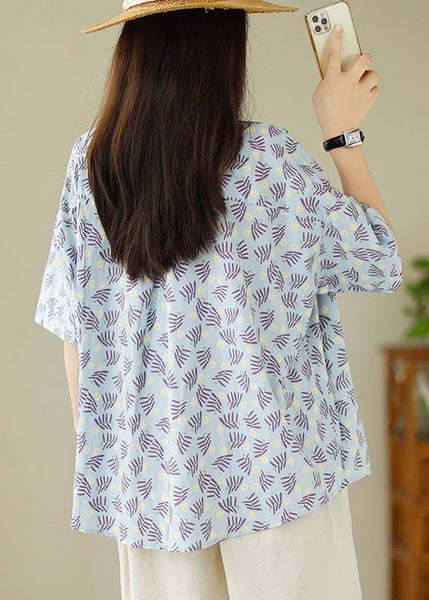 Loose Blue Peter Pan Collar Button Print Cotton Blouses Summer GH1025 Ada Fashion