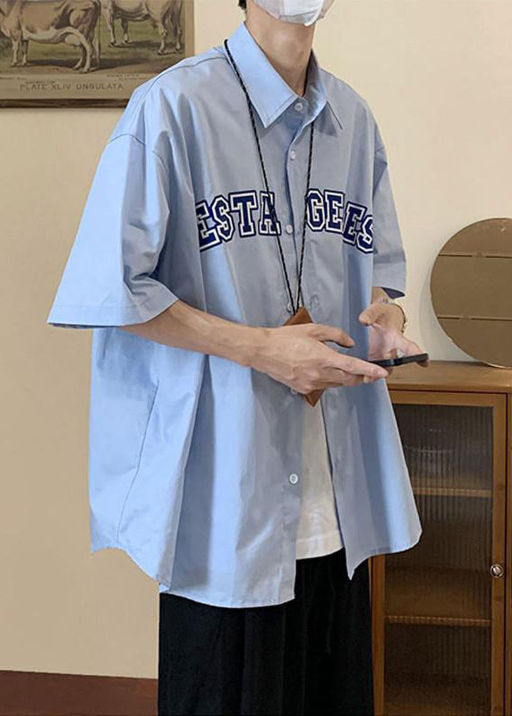 Summer Shirts Peter Letter Collar Blue Cotton Mens Loose Pan FashionChic
