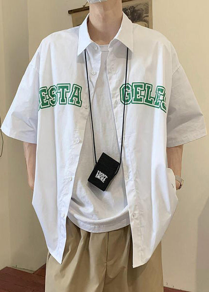 Summer Shirts Peter Letter Collar Blue Cotton Mens Loose Pan FashionChic