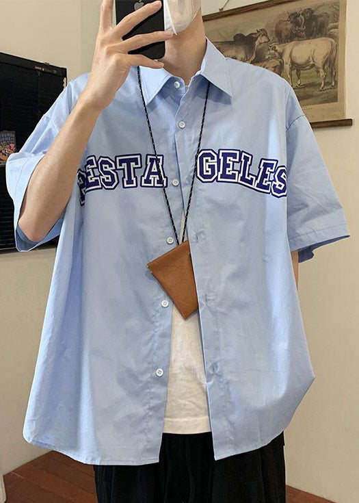 Summer Shirts Peter Letter Collar Blue Cotton Mens Loose Pan FashionChic