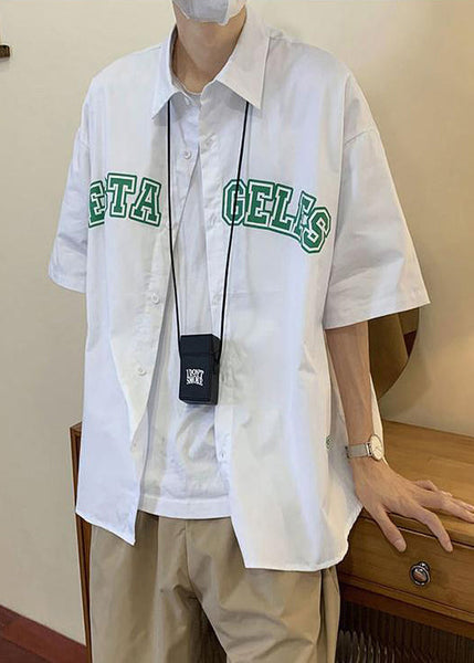 Summer Shirts Peter Letter Collar Blue Cotton Mens Loose Pan FashionChic