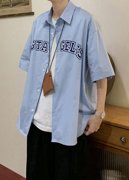 Summer Shirts Peter Letter Collar Blue Cotton Mens Loose Pan FashionChic