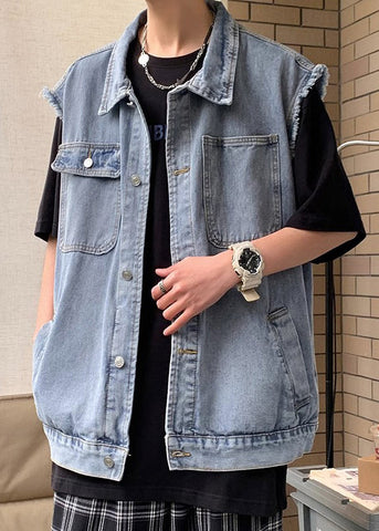 Waistcoat Blue Men Collar Pan Pockets Peter Loose Denim FashionChic