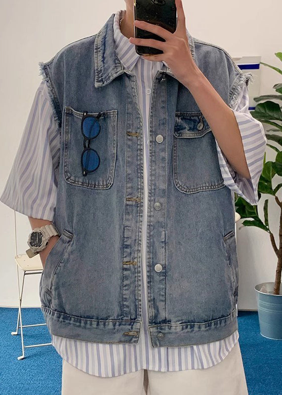 Waistcoat Blue Men Collar Pan Pockets Peter Loose Denim FashionChic