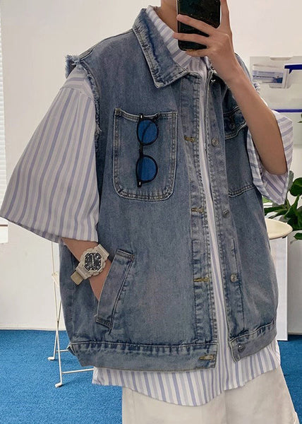 Waistcoat Blue Men Collar Pan Pockets Peter Loose Denim FashionChic