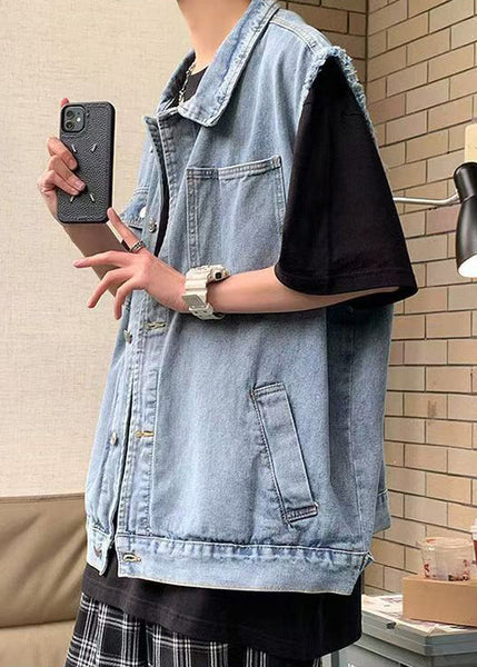 Waistcoat Blue Men Collar Pan Pockets Peter Loose Denim FashionChic