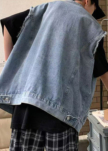 Waistcoat Blue Men Collar Pan Pockets Peter Loose Denim FashionChic