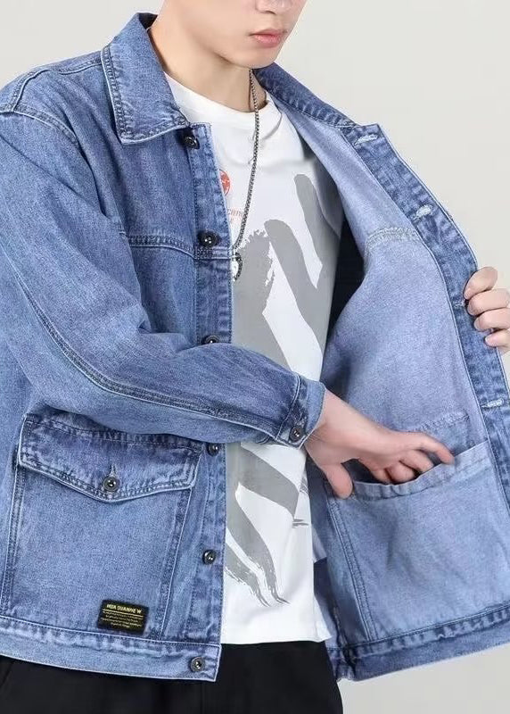 Spring Denim Peter Collar Loose Blue Mens Pockets Coats Pan FashionChic