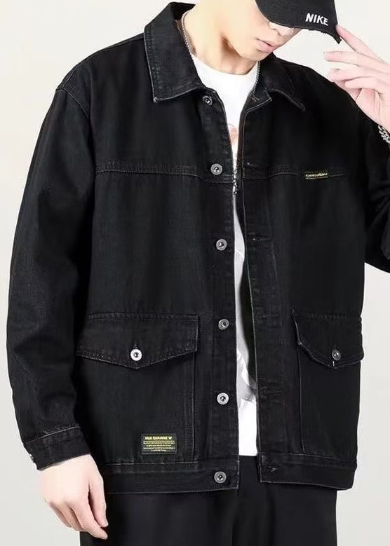 Spring Denim Peter Collar Loose Blue Mens Pockets Coats Pan FashionChic