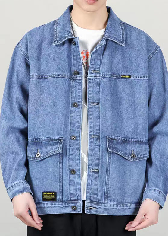 Spring Denim Peter Collar Loose Blue Mens Pockets Coats Pan FashionChic