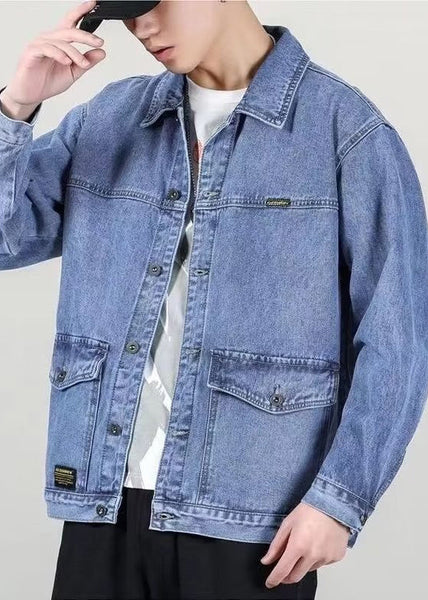 Spring Denim Peter Collar Loose Blue Mens Pockets Coats Pan FashionChic