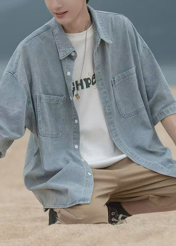 Blue Mens Pan Shirts Spring Pockets Loose Peter Denim Collar FashionChic