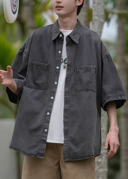 Blue Mens Pan Shirts Spring Pockets Loose Peter Denim Collar FashionChic