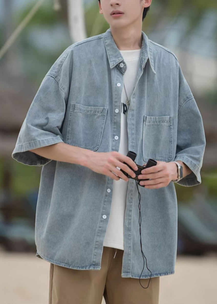 Blue Mens Pan Shirts Spring Pockets Loose Peter Denim Collar FashionChic