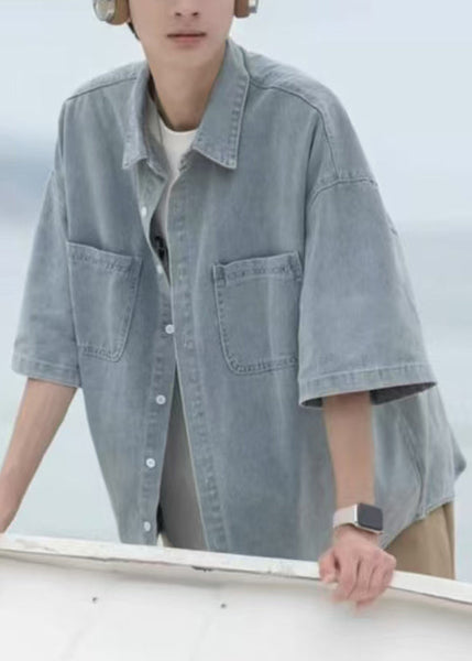 Blue Mens Pan Shirts Spring Pockets Loose Peter Denim Collar FashionChic
